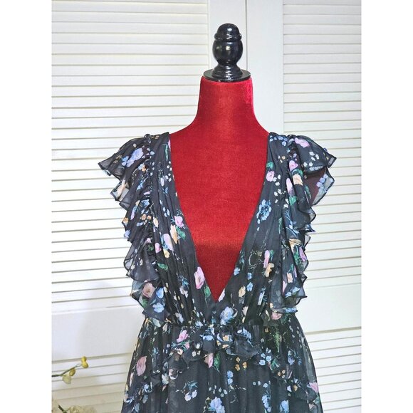 Mac Duggal Women's Black Floral Ruffled Chiffon Leena Maxi Dress Size 8 2808 - Picture 10 of 16